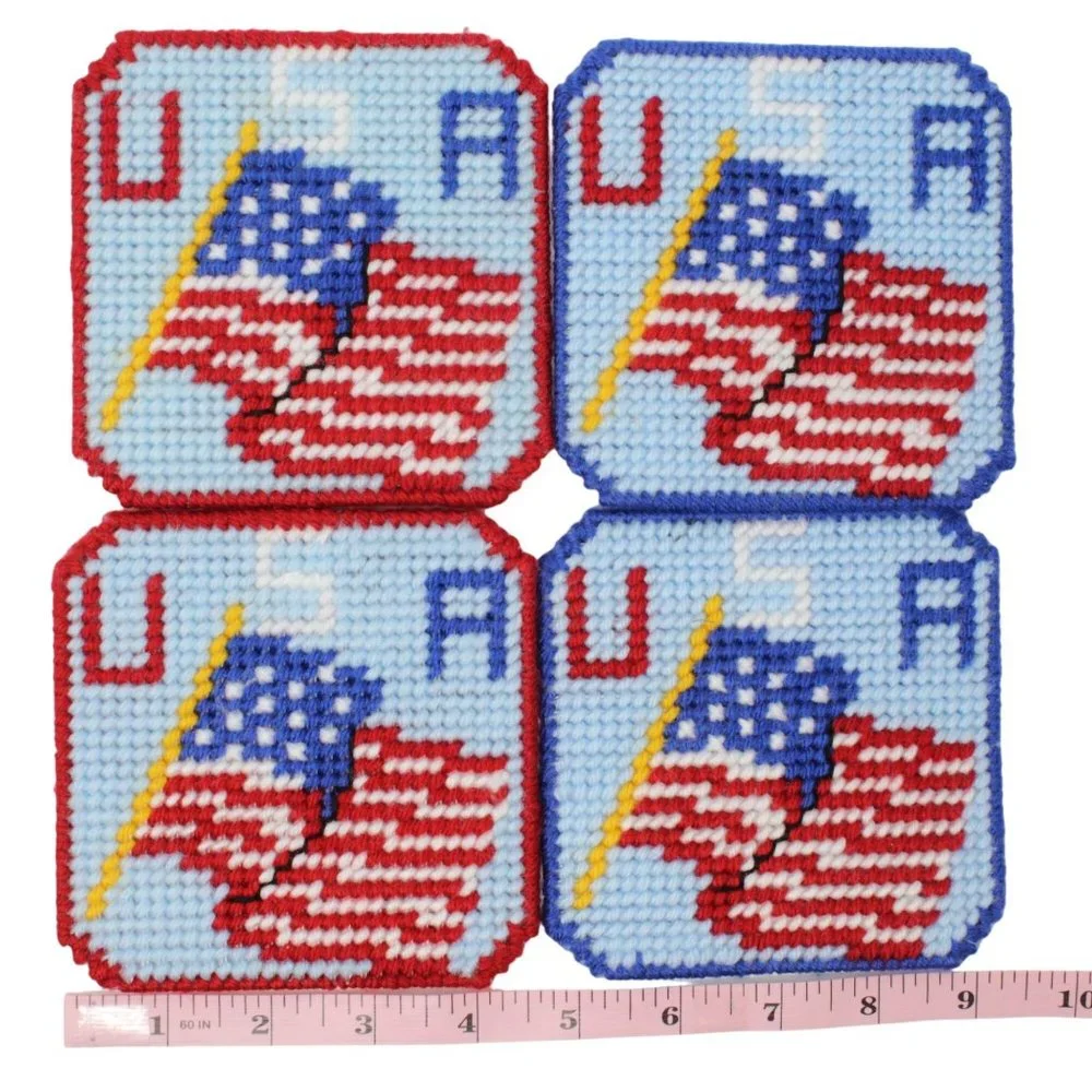 Handmade Patriotic Flag USA Stitched Yarn Needlepoint Plastic Canvas Coasters - Picture 3 of 3